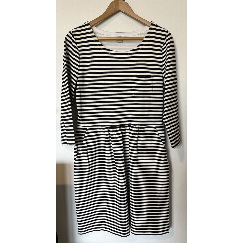 J Crew Black White Stripe Long Sleeve Fit And Flare Casual Mini Dress Size 12